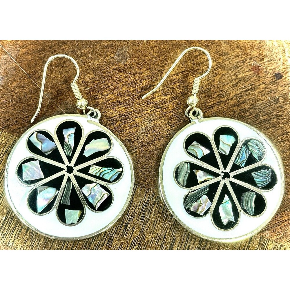 Vintage Alpaca Mexico Abalone Shell Inlay Round Earrings Black White Floral